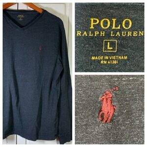 Polo Ralph Lauren Men V-Neck Long Sleeve T-Shirt Gray Heather Large Preppy Basic